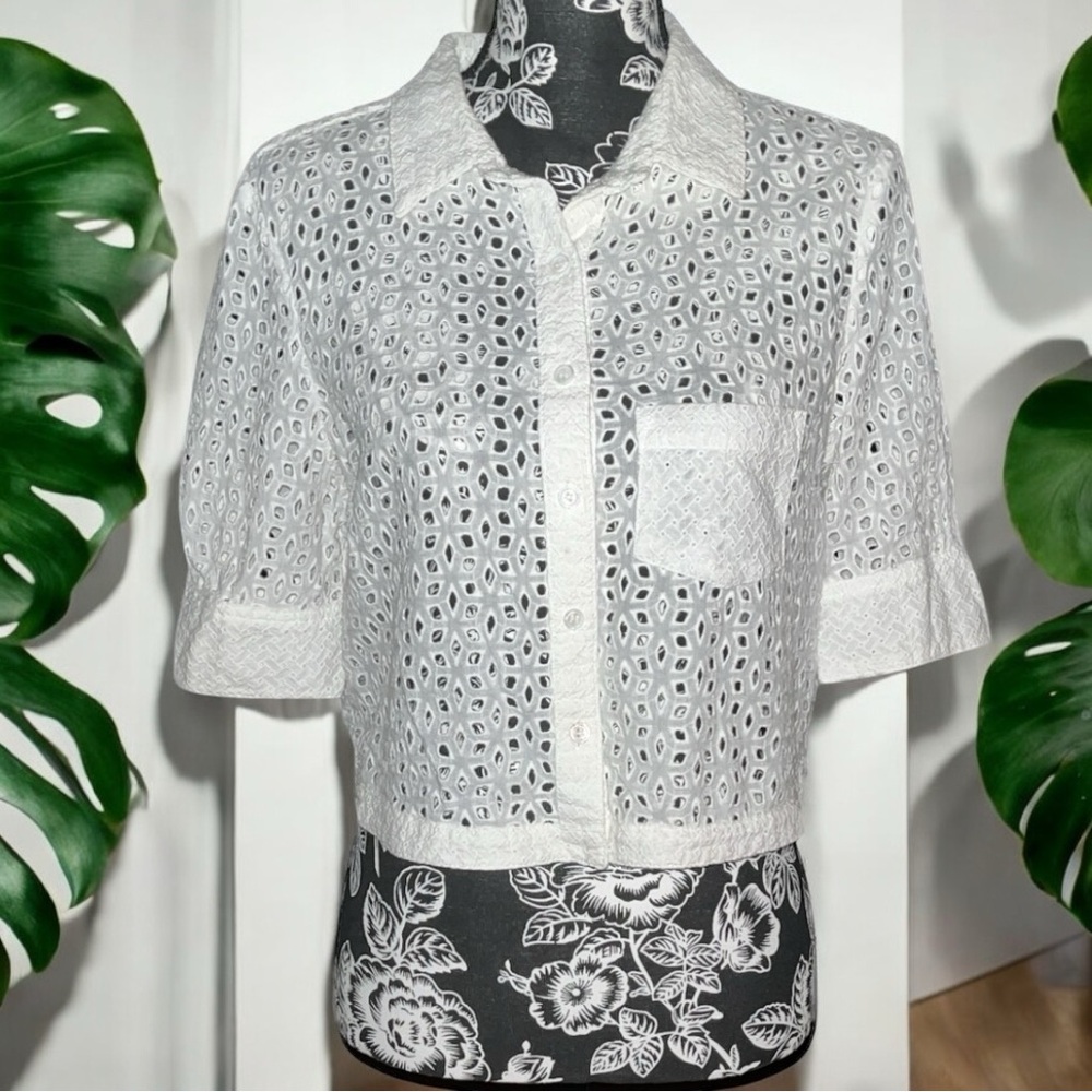 BCBG Eyelet Cropped Button Down Top